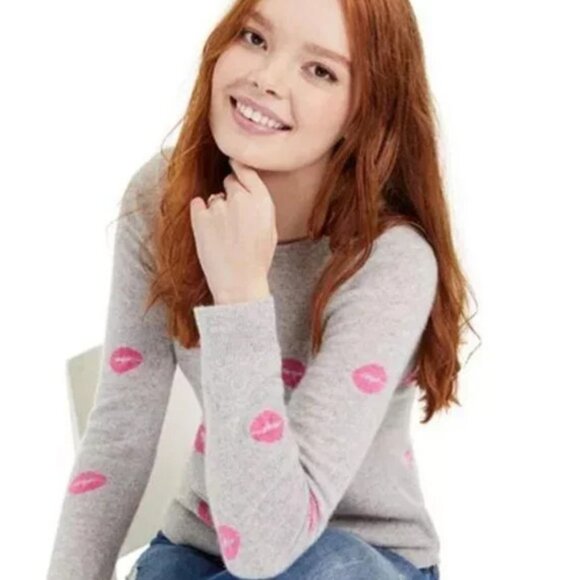 Charter Club 100% Cashmere Lipstick Lips Crewneck Sweater Gray Pink Size S $159 - Picture 2 of 15